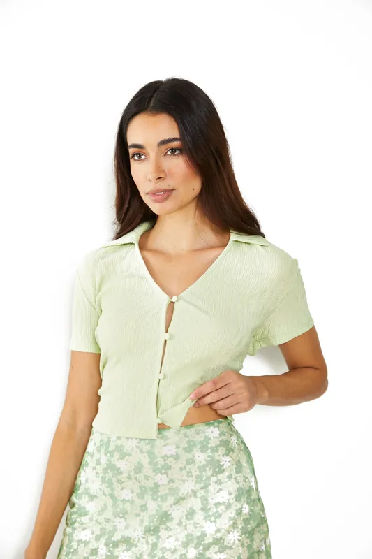 Short Sleeve Button Front Top in Apple Green Textured - Shnoo