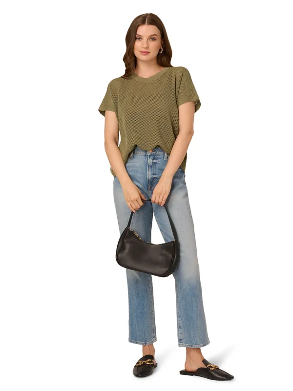 Crew Neck Mesh Stitch Pullover Dolman Sleeve Sweater - Adrianna Papell