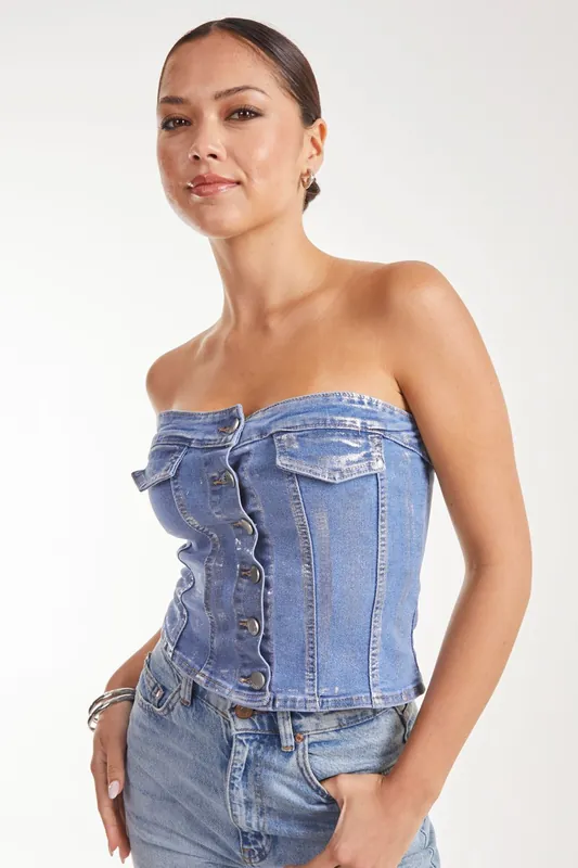 Metallic Silver Foil Denim Corset Top - Pink Vanilla
