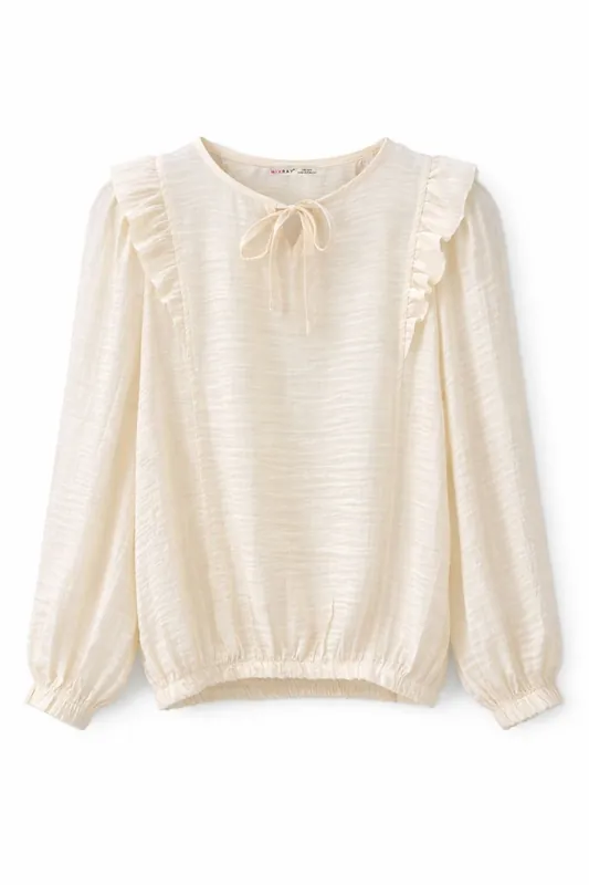 Textured Frilly Crew Neck Blouse - MixRay