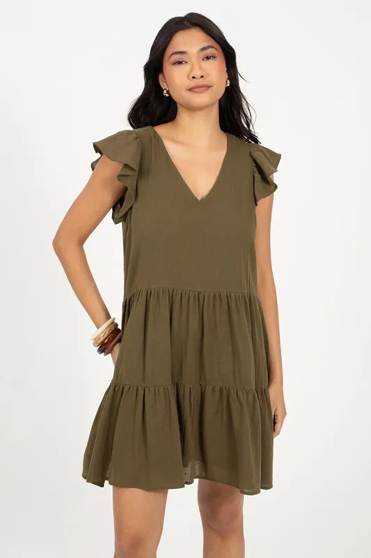 Frill Sleeve V-Neck Tiered Mini Dress