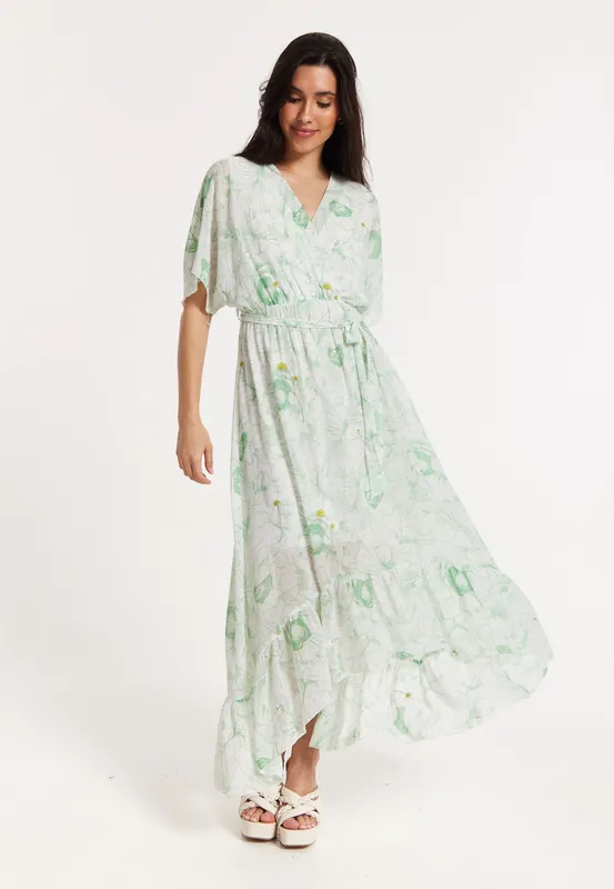 Floral Embroidered Wrap Front Maxi Dress - Liquorish