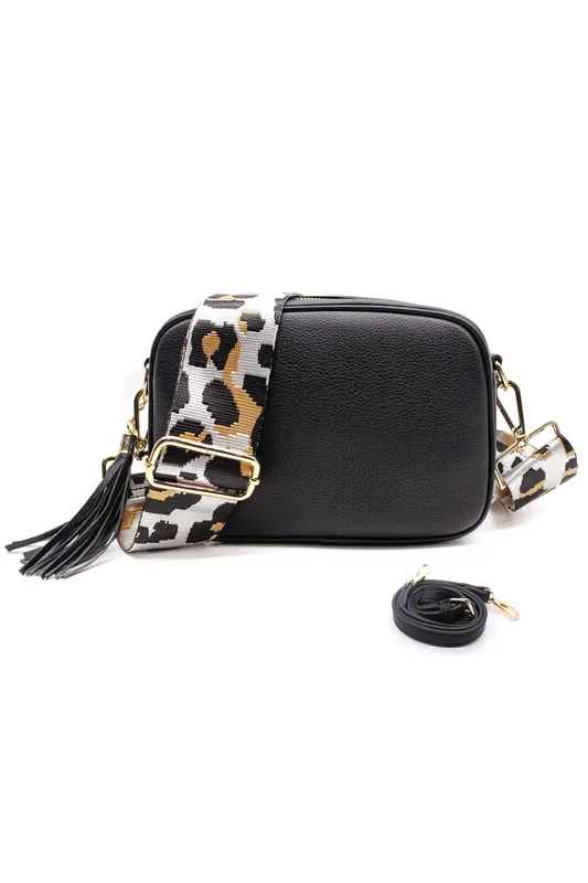 Double Strap Tassel Charm Canvas Strap Camera Crossbody Bag - Kitise