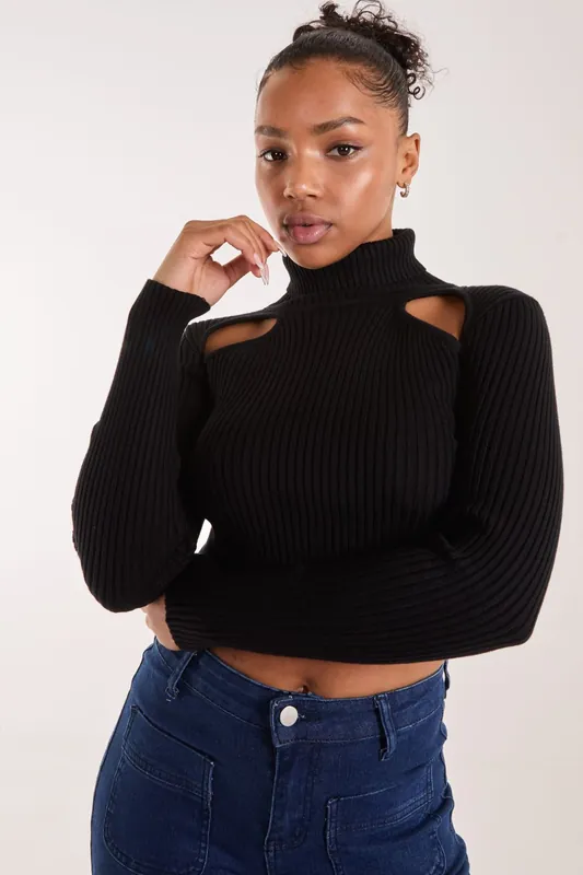 Ribbed Roll Neck Jumper With Cut Out Detail - Pink Vanilla
