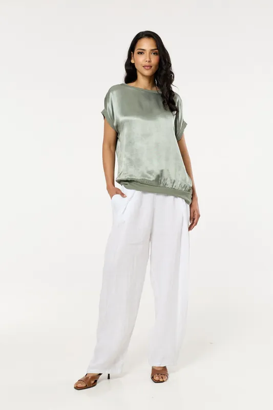 Green Satin Short Sleeve Blouson Top - Liquorish