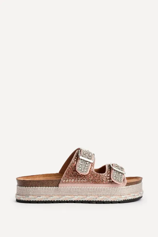 Glitzy Rose Gold Diamante Flatform Slider Sandals - Linzi