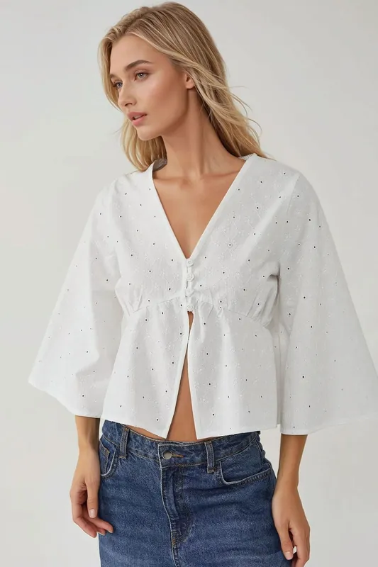 Textured Tie-up V-Neck Crop Blouse