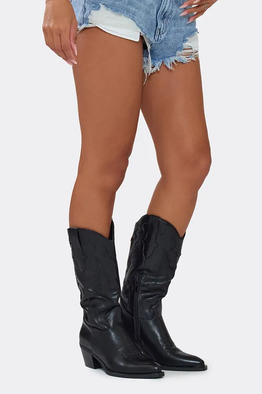 Western Embroidered Faux Leather Block Heel Boots - EGO