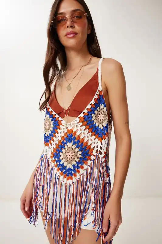 V-Neck Knitted Blouse with Tassel Detail