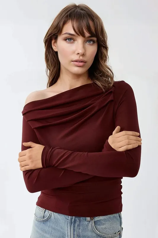 Textured Asymmetrical Collar Drapped Top - Hiccup