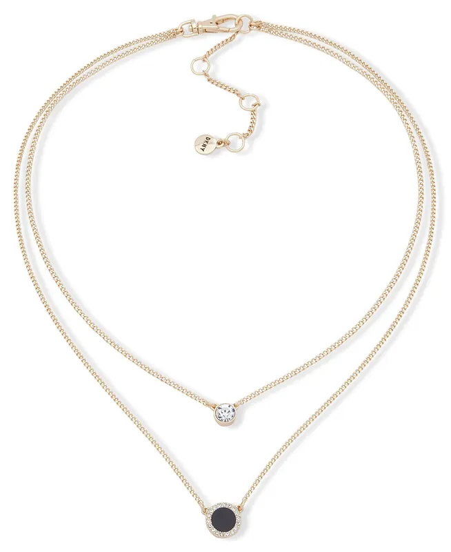 Gold & Black Double Pendant Necklace with Crystals - Gold and Black