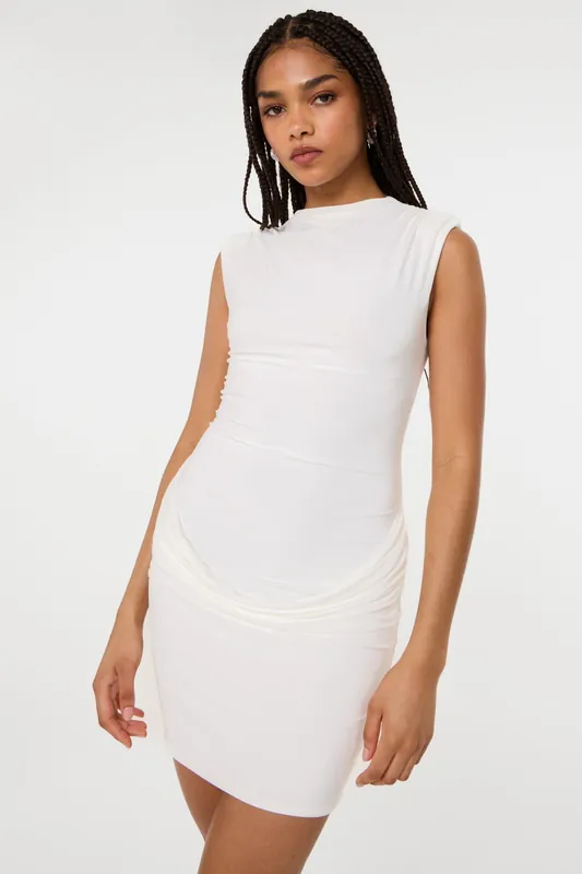 Ivory Shoulder Pad Ruched Front Mini Dress - Pink Vanilla