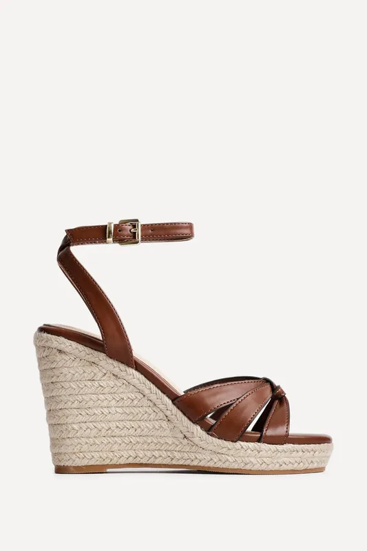 Goddess Brown Faux Leather Espadrille Wedges - Linzi