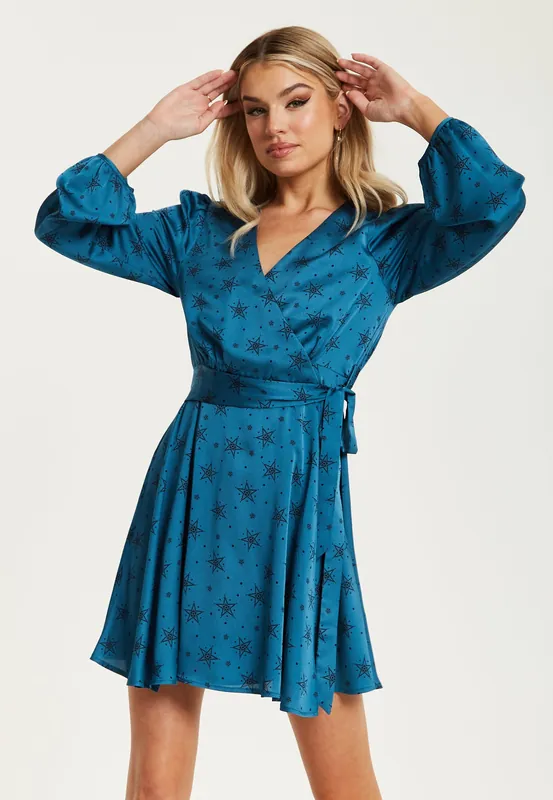 Black Star And Polka Dot Print Mini Wrap Dress With Long Sleeves In Petrol Blue - Liquorish