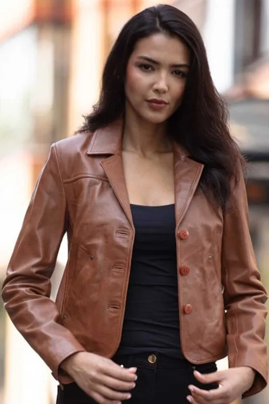 Angel' Real Leather Three Button Blazer - Ashwood Leather