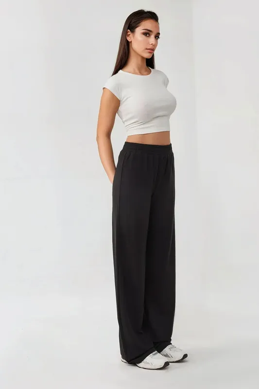 Wide Leg Knitted Pants with Elastic Waist - Hiccup