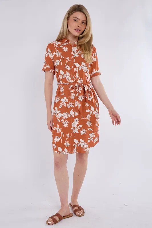 Coral Floral Print Short Sleeve Mini Shirt Dress - Love Sunshine
