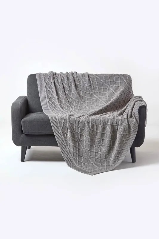 Diamond Cable Knit Cotton Throw - Homescapes