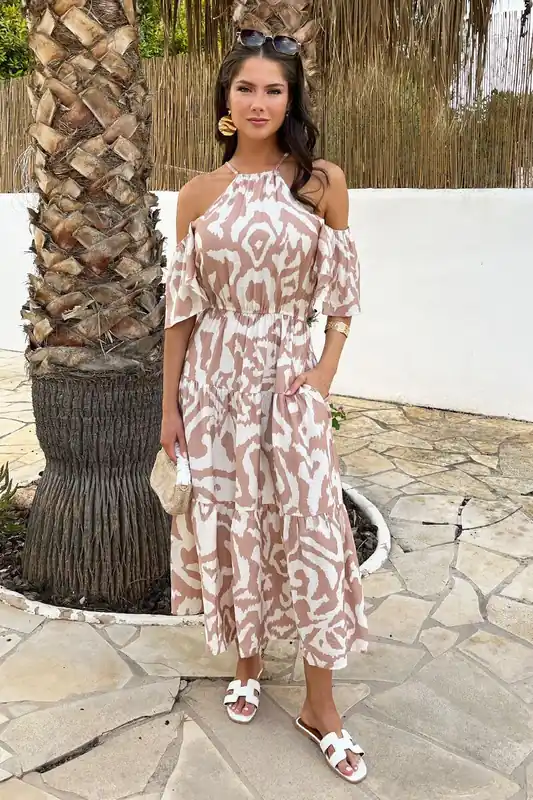 Stone And Cream Abstract Print Cold Shoulder Smock Midi Dress - AX Paris