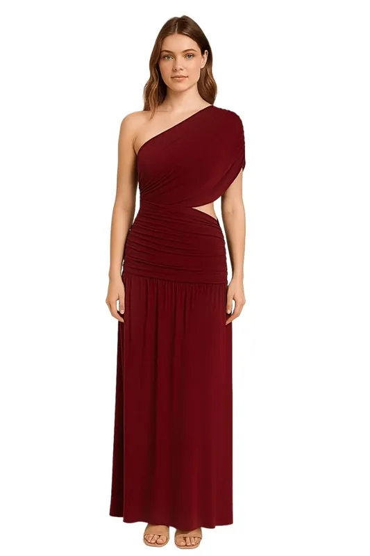 WINE ONE SHOULDER DRAPING DETAILED SIDE CUT OUT MAXI DRESS - AVINCI