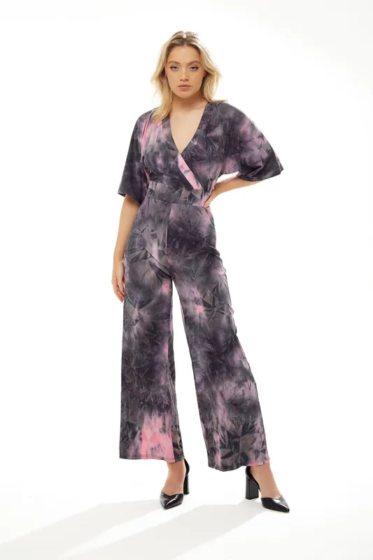 Jumpsuit In Grey and Pink Tie Dye - Liquorish