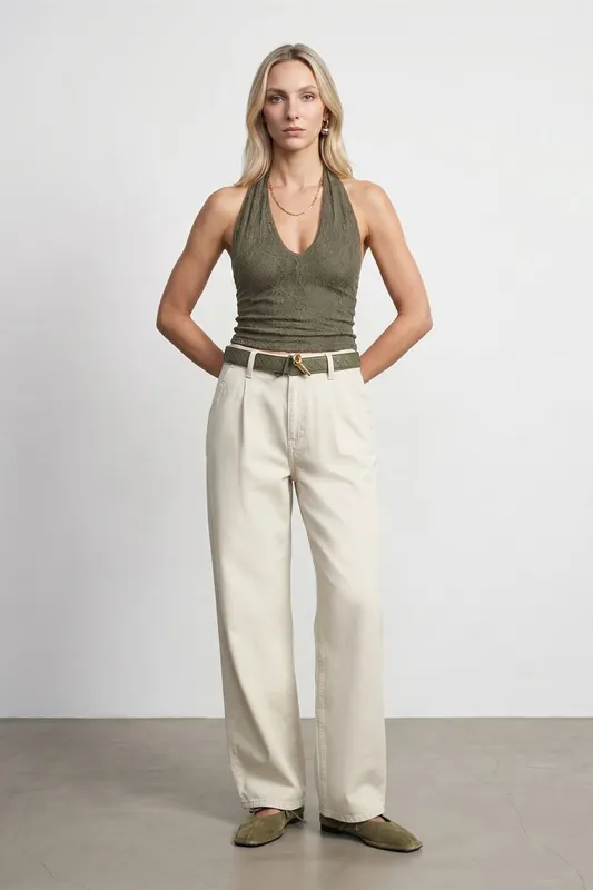 Mid-Waist Wide-Leg Pleated Trousers
