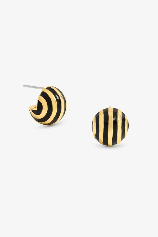 Gold Plated And Jet Enamel Stripe Dome Earrings - Jon Richard