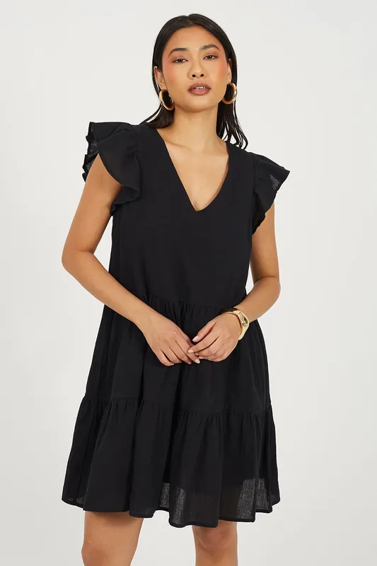 Frill Sleeve V-Neck Tiered Mini Dress