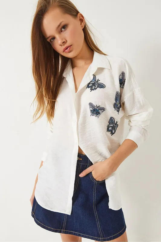Oversized Embroidered Shirt with Button Closure - Bianco Lucci