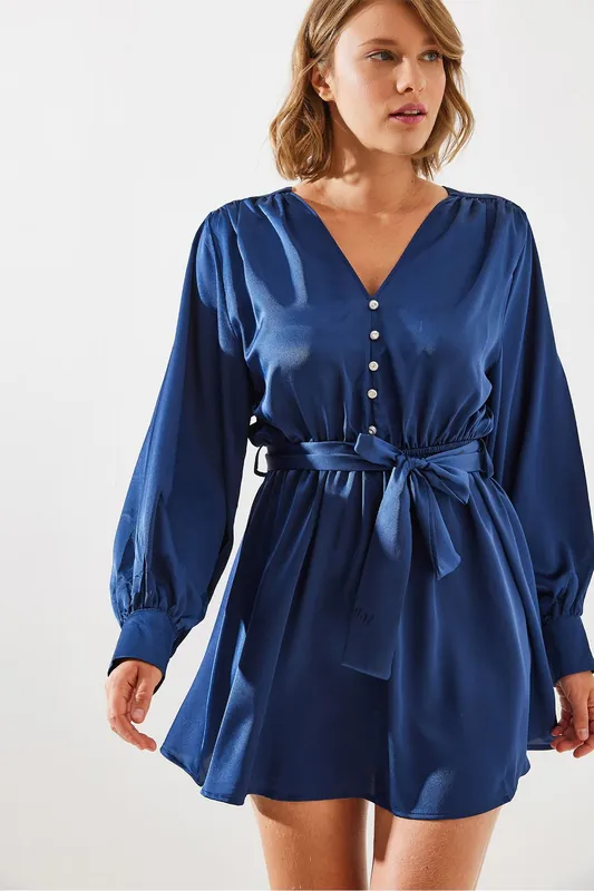 V-neck Satin A-Form Midi Dress with Button Closure