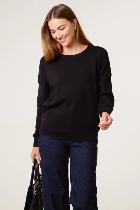 Black Plain Crew Neck Jumper - Blue Vanilla