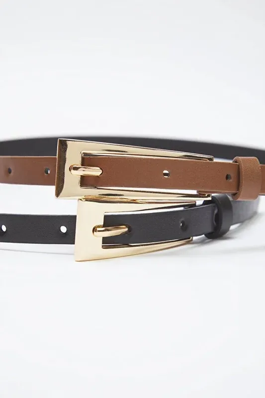 Double Pack Gold Angular Buckle Slim Faux Leather Belt - WOVCOR