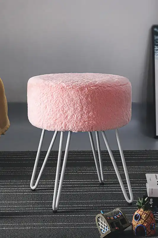 Soft Fluffy Pink Low Chair Dressing Footstool with Metal Leg - Living and Home