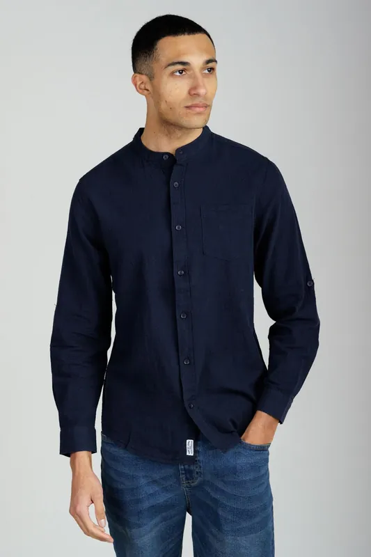 Linen Blend Long Sleeve Button-Up Shirt with Grandad Collar