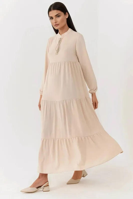 Textured Crew Neck Maxi Dress with Buttons - Hiccup