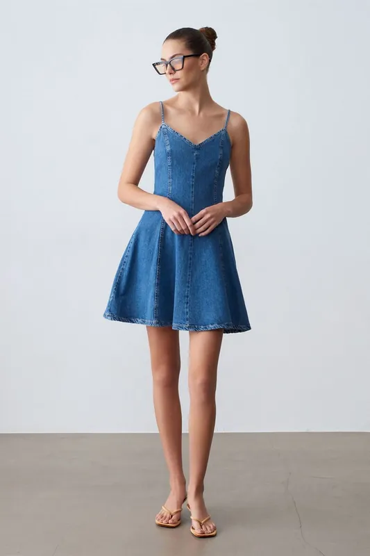 Sleeveless A-Line Mini Denim Dress