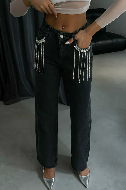 Mid Rise Straight Leg Jeans with a Diamente Tassel Pocket - Hiccup