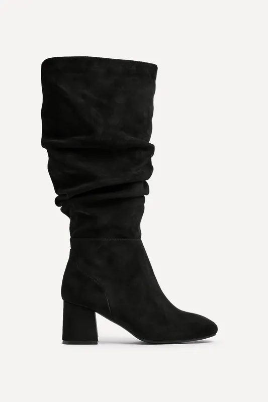 Inferno Wide Fit Black Faux Suede Ruched Long Heeled Boot - Linzi