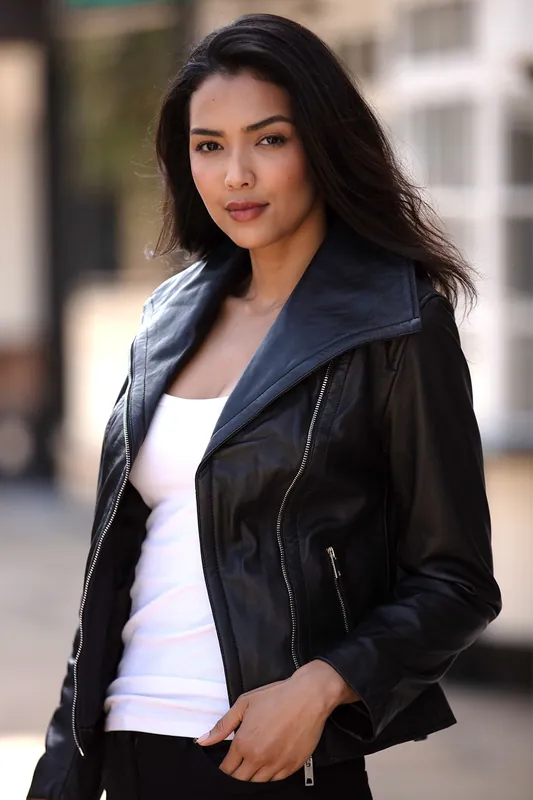 Isabella' Real Leather Wide Collar Biker Jacket - Ashwood Leather