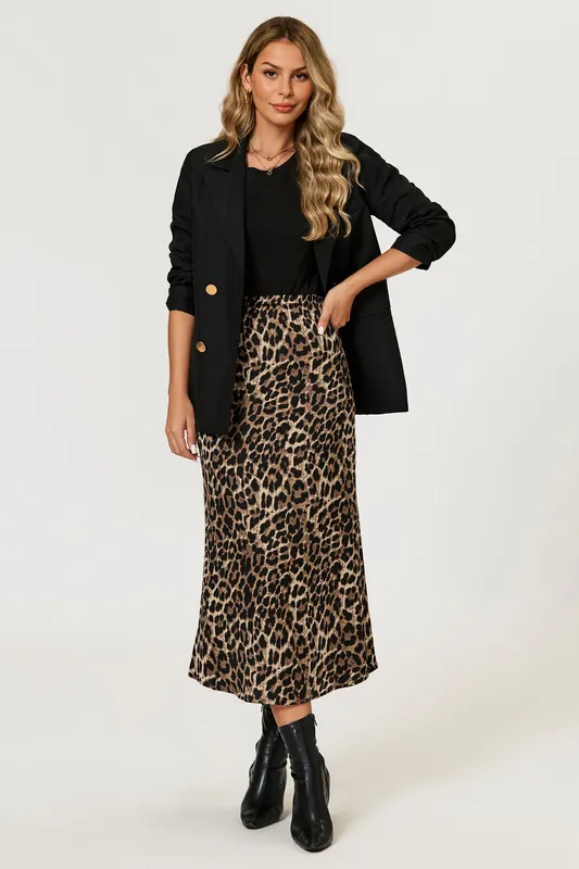 Leopard Print Satin Midi Skirt In Brown - FS Collection
