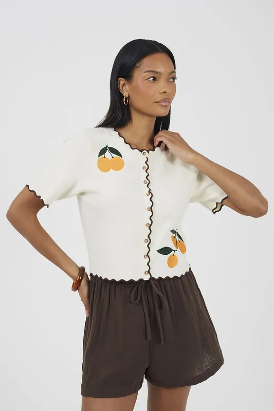 Short Sleeve Cardigan With Orange Embroidery - Brave Soul