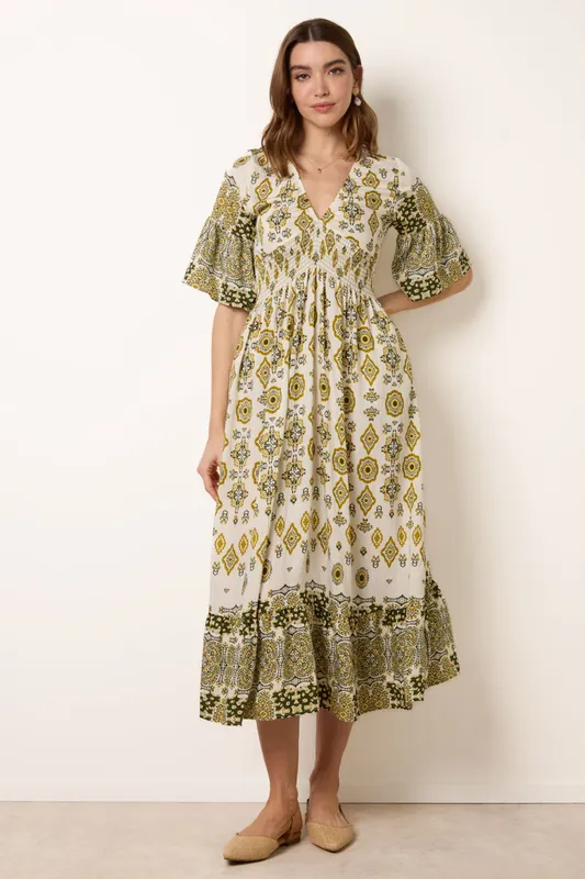 Green V Neck Border Print Maxi Dress - Blue Vanilla