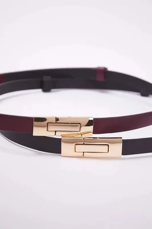 Double Pack Gold Rectangular Clasp Slim Faux Leather Belt - WOVCOR