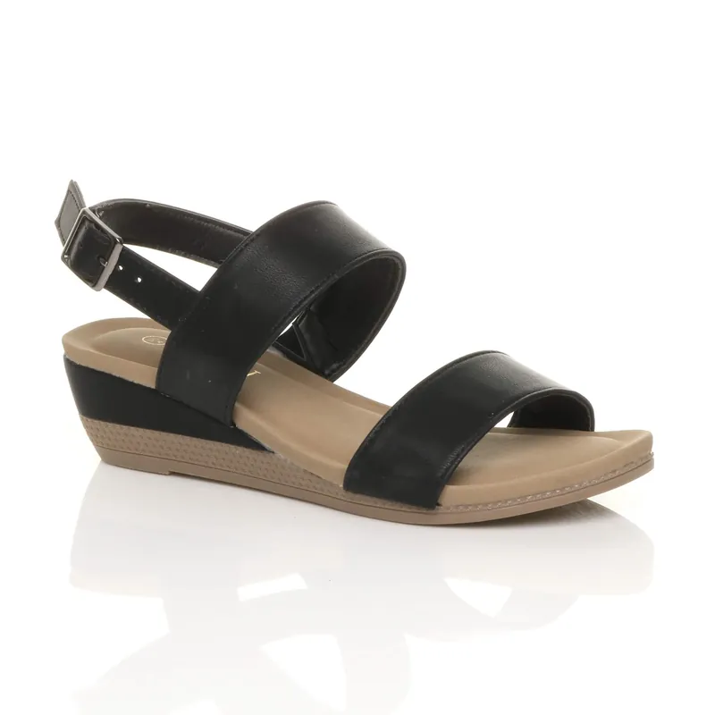 Low Heel Strappy Slingback Faux Leather Wedges - AJVANI