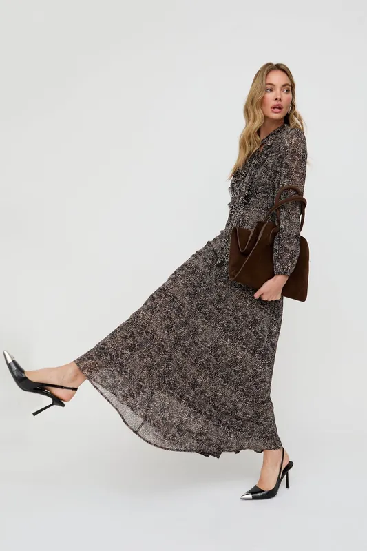 Margot Ruffle Neck Mini Leopard Print Maxi Dress In Brown - Lily and Lionel