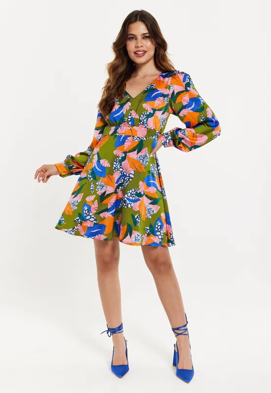 Abstract Leaf Print Mini Dress In Olive - Liquorish