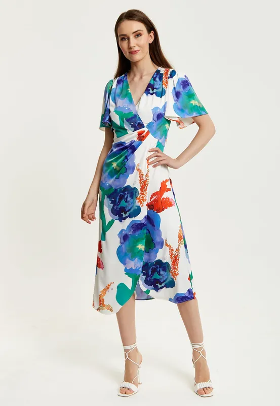 Floral Print White Based Midi Wrap Dress - Liquorish