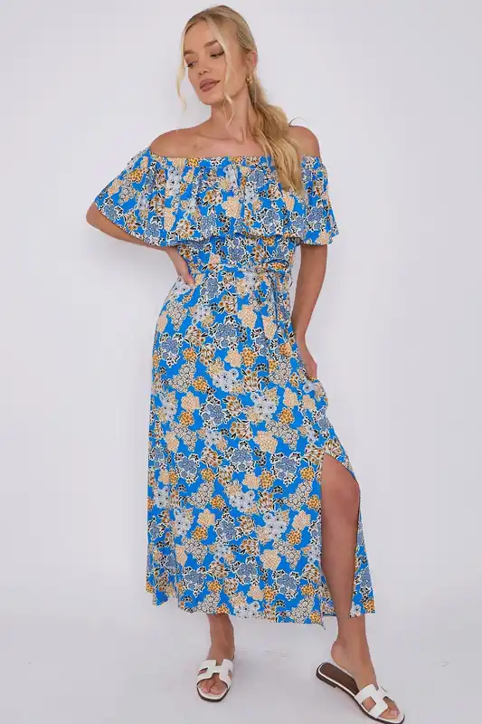 Blue Floral Print Bardot Maxi Dress - Love Sunshine