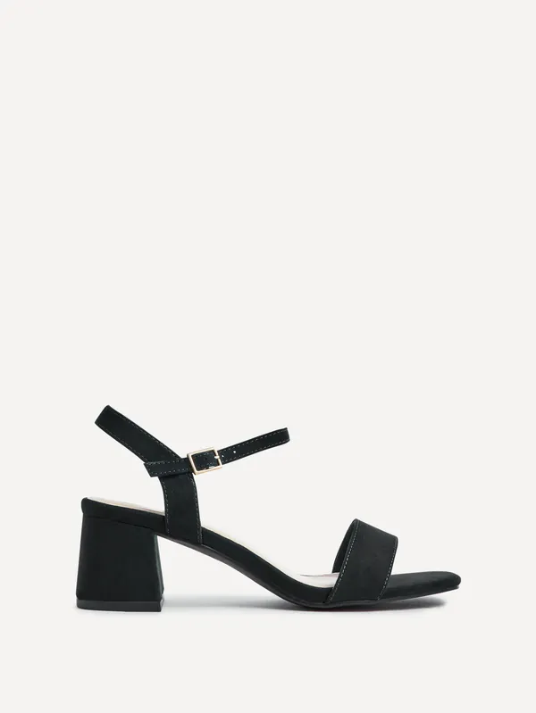 Darcie Black Faux Suede Low Chunky Block Heeled Sandal - Linzi