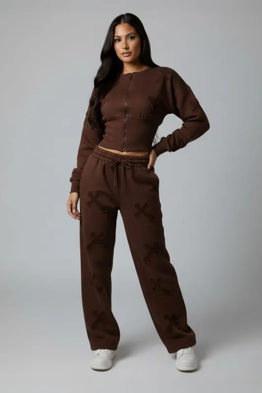 Crucifix Embroidered Zip-Up and Jogger - Fleece - Co-ord Set